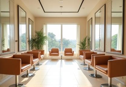 Vue d’ensemble du salon, fauteuils et grands miroirs