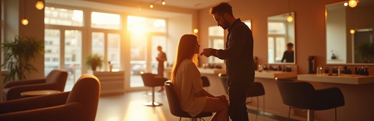 Styliste coiffant une cliente dans un salon lumineux à Lyon
